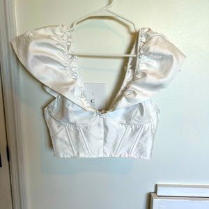 White shimmered crop with ruffle sleeve